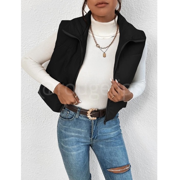 Cropped Black Puffer Vest Zip Up - Picture 3 of 7